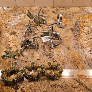 Silver and Green Dragonfly  And Green Beaded Napkin Rings 12pc Set